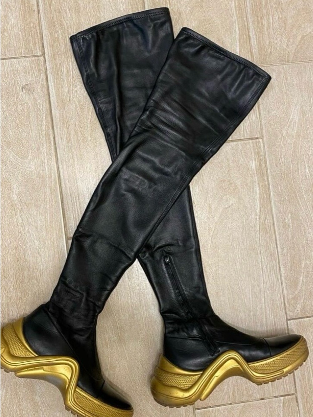 Louis Vuitton Black Leather Over-the-Knee Boots with Gold Sculpted Sole